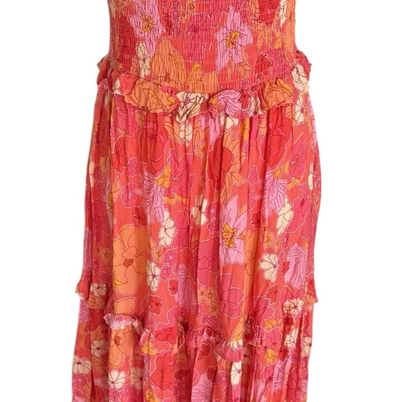 Abel the Label Coral Orange Pink Floral Print Smocked Off Shoulder Maxi Dress XS - Picture 6 of 14